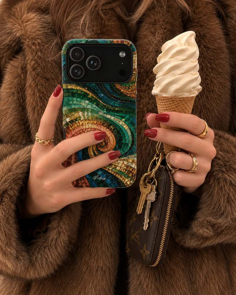 A close-up lifestyle shot of a person wearing a brown fur coat, holding a smartphone with a colorful mosaic-patterned case in one hand and an ice cream cone in the other, with a small monogram key pouch hanging from the keys.