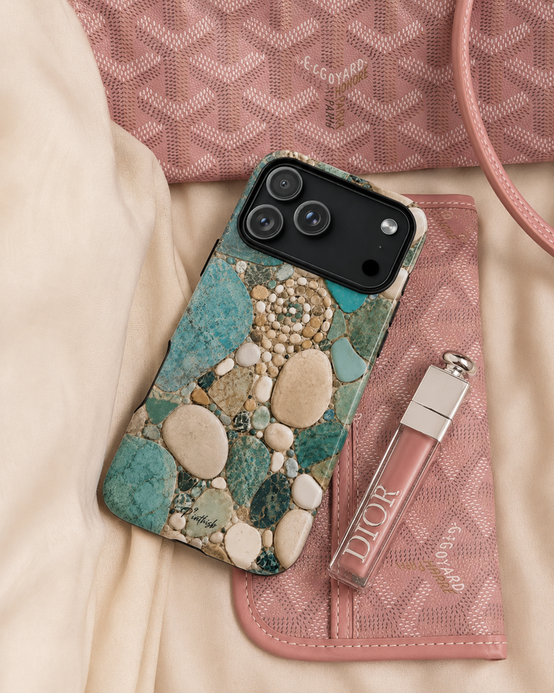 BEAUTIFUL SUMMER PHONE CASE NEXT TO A DIOR LIPSTICK AND GOYARD BAG