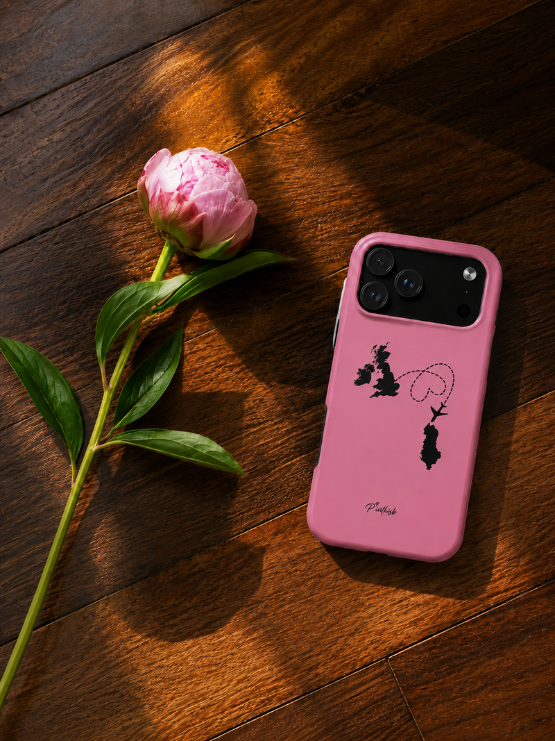 phone case showing the love map from UK leading to Albania