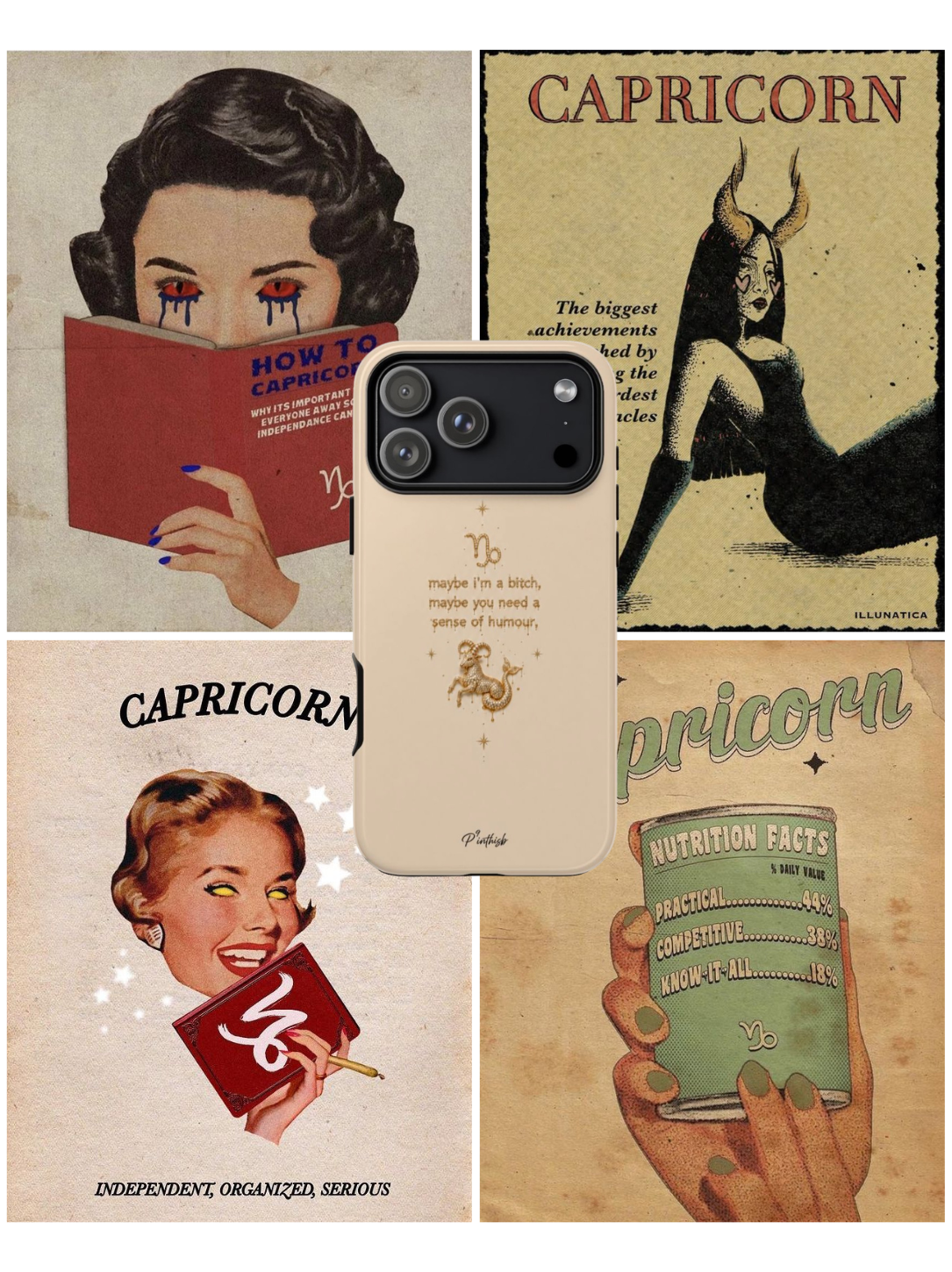 capricorn phone case design with a collage of zodiac traits in the background