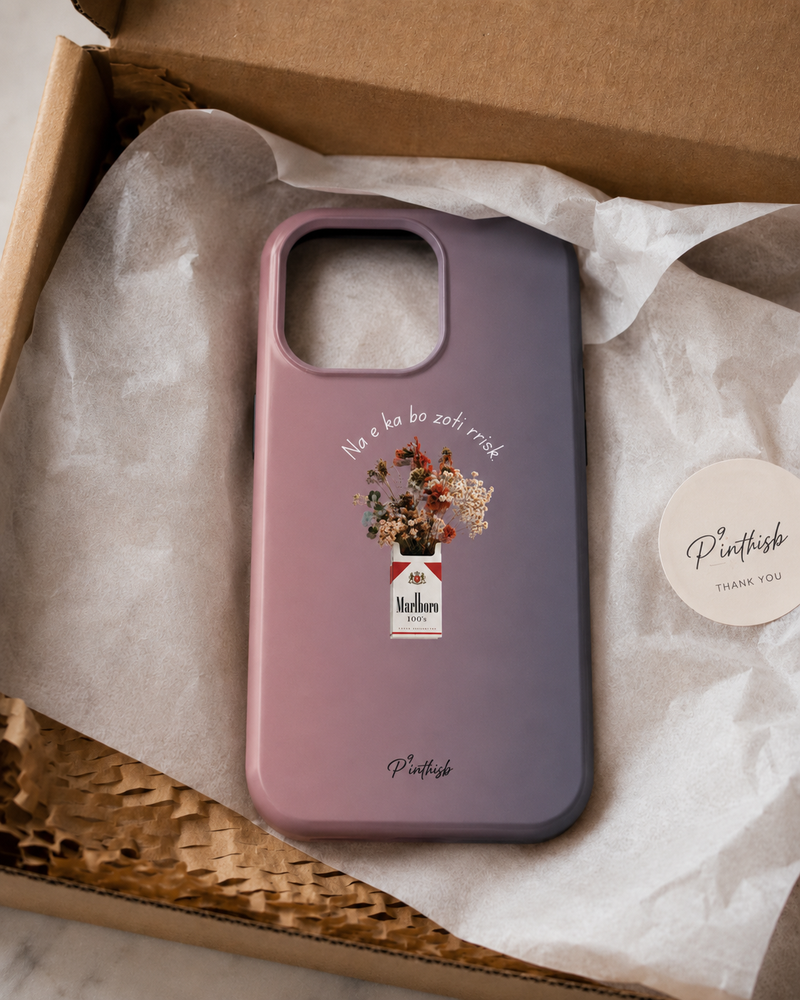phone case with a pack of malboro and flowers writing na e ka bo zoti rrisk